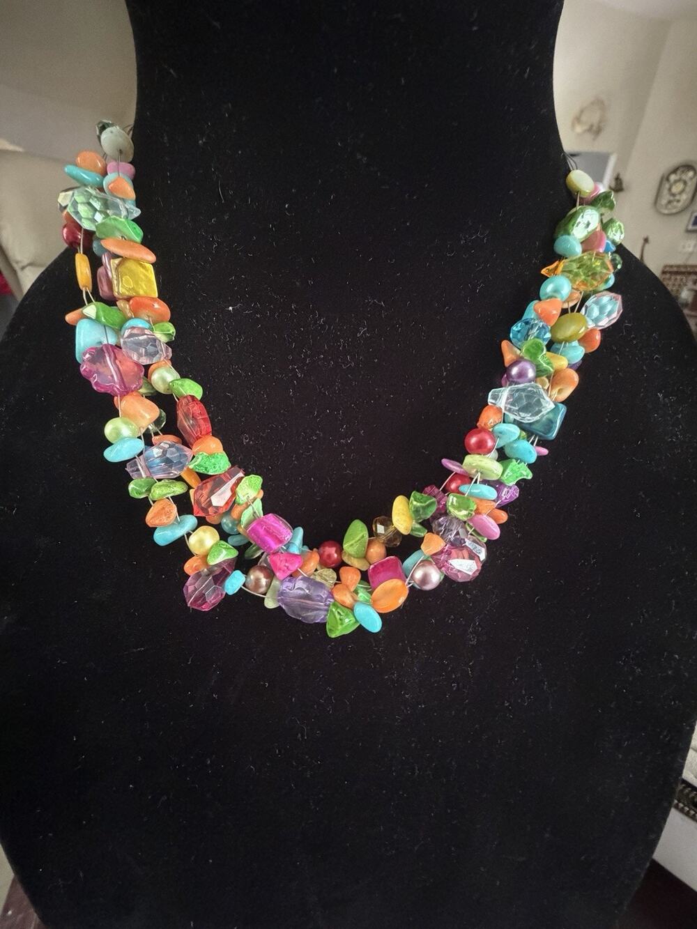 Multicolor Glass Chip Bead Multi-Strand Layered Statement Necklace Lobster